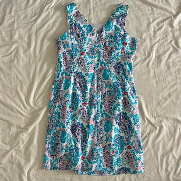 Talbots Sleeveless Blue Pink Fresco Paisley Sheath Dress Wmns 14 Preppy Coastal - Picture 6 of 10